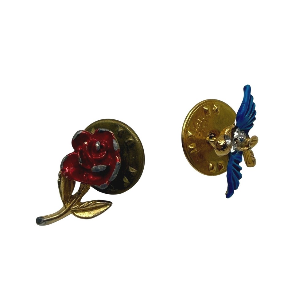 Vintage Cottagecore Nature Enamel Rose and Bird Lapel Pin Lot of 2 from Ballou